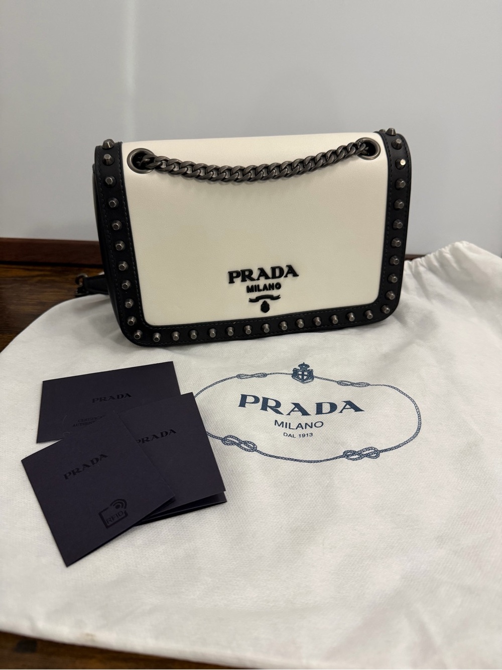PRADA Milano Black/White Colorblock Studded Chain Shoulder Bag, Dust Bag, Card